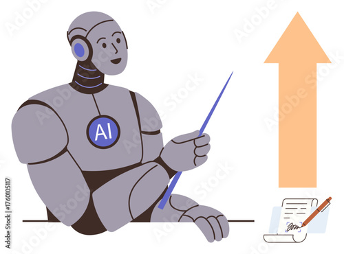 AI robot holding pointer, facing upward arrow and signed document. Ideal for technology, growth, innovation, automation, artificial intelligence, digital transformation education. Simple flat