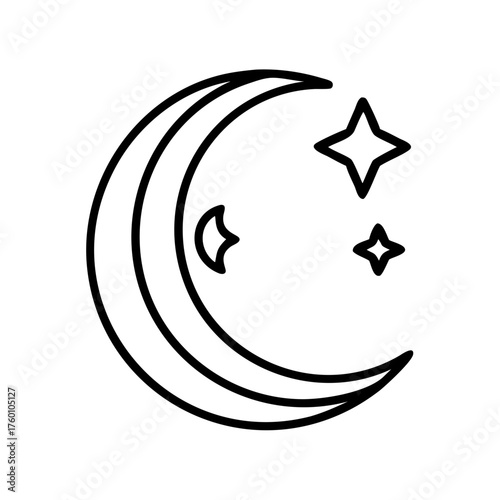 Crescent moon and stars icon on a transparent background  