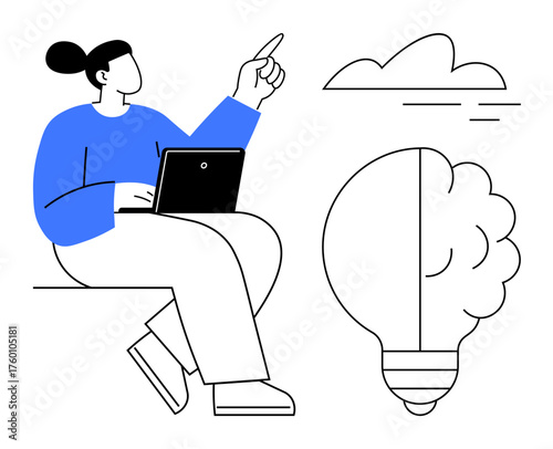 Person working on a laptop while pointing at a cloud and a split lightbulb blending cloud and brain. Ideal for inspiration, creativity, brainstorming, innovation, ideas, technology, learning. A