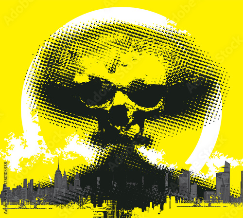 A vector nuclear explosion mushroom cloud looks like a human skull with halftone effect against the backdrop of modern city. Suitable for anti-war posters addressing nuclear war and environmen. No ai