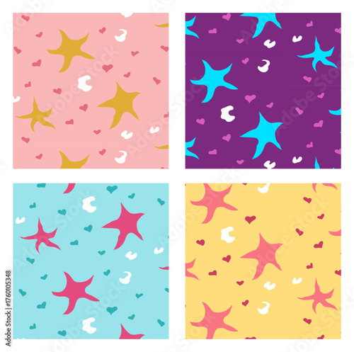 Colorful Star and Heart Seamless Patterns Cute Abstract Background Set