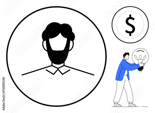Professional avatar in circle, dollar icon, person holding light bulb. Ideal for entrepreneurship, innovation, finance, creative thinking, business strategy, personal branding simple flat metaphor
