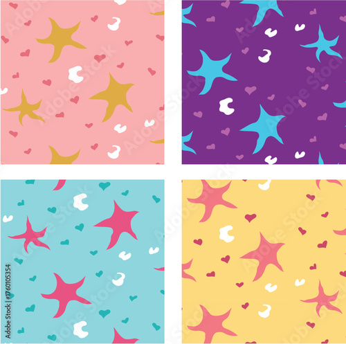 Colorful Star and Heart Seamless Patterns Cute Abstract Background Set.eps