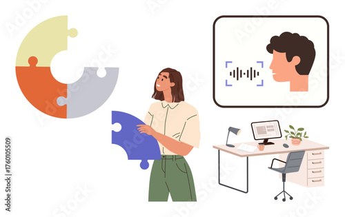 Woman holding puzzle piece, voice recognition of speech waveform, organized workspace. Ideal for teamwork, problem-solving, innovation, technology integration, identity, creativity remote work