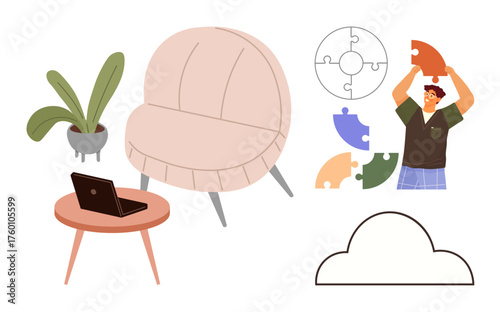 Stylish chair, table with laptop, potted plant, person assembling puzzle pieces, cloud outline. Ideal for creativity, problem-solving, remote work, learning collaboration brainstorming innovation
