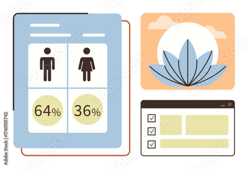 Gender distribution chart with male and female percentages, checklist design, and lotus flower under sunlight. Ideal for data visualization, gender studies, analytics, wellness, health, balance