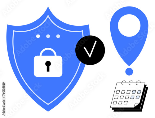 Shield with lock, checkmark, calendar, location marker symbolizing data privacy, security, compliance, scheduling, and location tracking. Ideal for cybersecurity authentication safety encryption