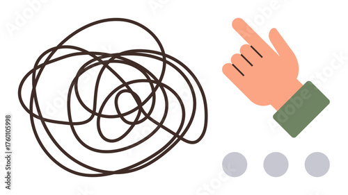 Tangled line representing complexity, hand pointing and simplifying choices with dots below. Ideal for problem-solving, decision-making, organization, simplicity, process improvement, direction