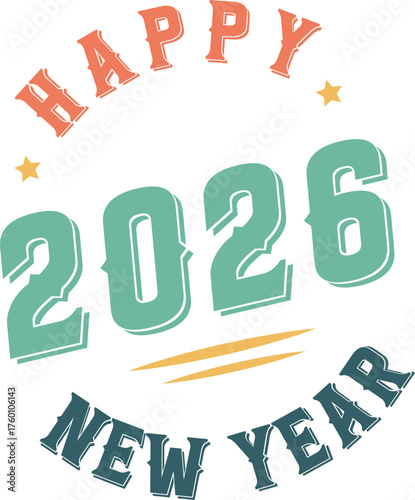 Vibrant Retro Happy New Year 2026 Greeting Card Illustration