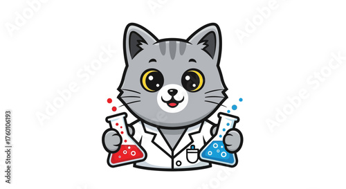 Cute Cartoon Cat Scientist Character Holding Red and Blue Chemical Flasks Laboratory Illustration