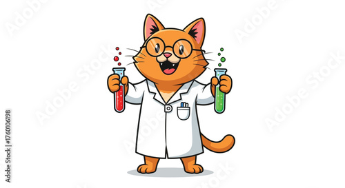 Cute Cartoon Cat Scientist Character Holding Chemical Flasks in Lab Coat Kawaii Illustration