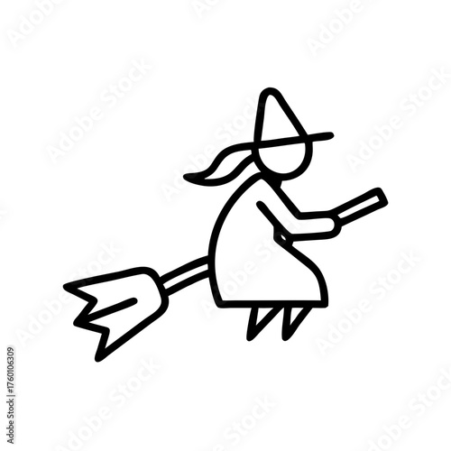 Witch flying on broomstick in minimalist line art style on transparent background  