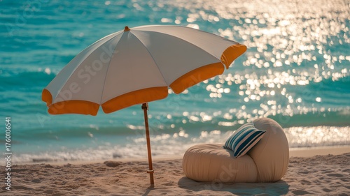 Wallpaper Mural Ocean beach with umbrella and sand — summer minimalist composition Torontodigital.ca