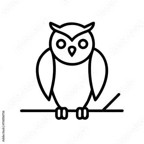 Owl standing on branch in minimalist line art style for Halloween icon  