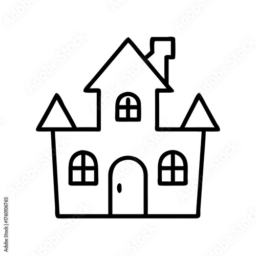 Haunted house illustration in simple black line art style  