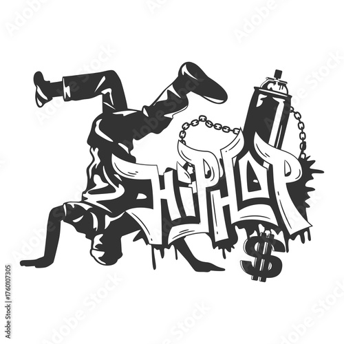 Dynamic hip hop dance illustration with street art graffiti elements, perfect for urban culture designs and energetic event promotions, reflecting youth style and creativity