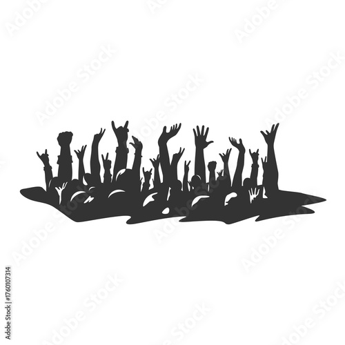 Energetic crowd silhouette with raised hands, an audience celebrating at concert, a symbol of unity, cheering fans enjoying music festival, and a passionate gathering of people
