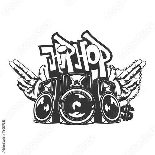 Dynamic hip hop culture symbol featuring graffiti lettering, boombox speakers, and iconic hand gestures with a dollar sign chain for ultimate urban style and music promotion