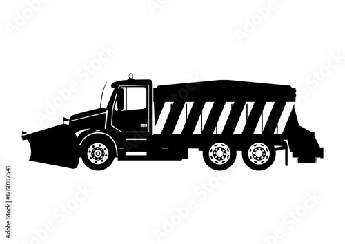 Silhouette of a snow plow and salt spreader. Vector.
