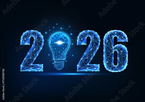 2026 New Year glowing blue light bulb concept in low poly digital wireframe vector illustration