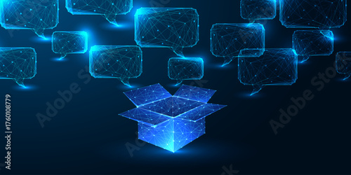AI creativity and innovation concept with open box and glowing digital communication bubbles