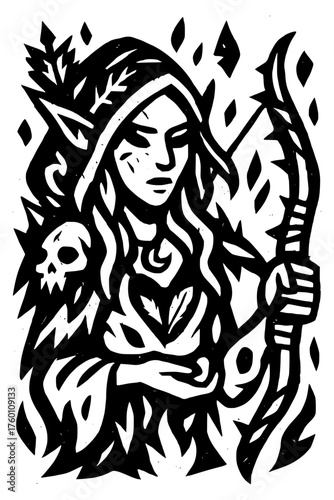 Wallpaper Mural Mystic huntress with bow, skull, and leaf adornments in striking monochrome woodcut style, a fantasy forest guardian Torontodigital.ca