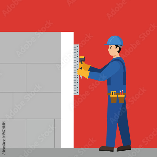 Diligent construction worker accurately measuring a wall for installation of drywall or insulation on an interior construction site.