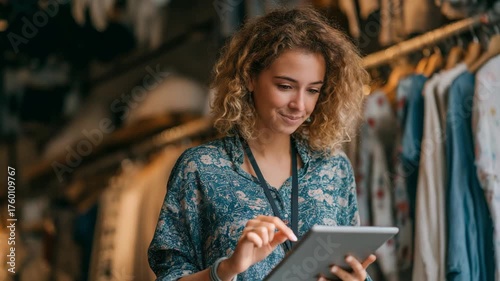 Happy Young Woman Shop Owner Using Digital Tablet in Clothing Store