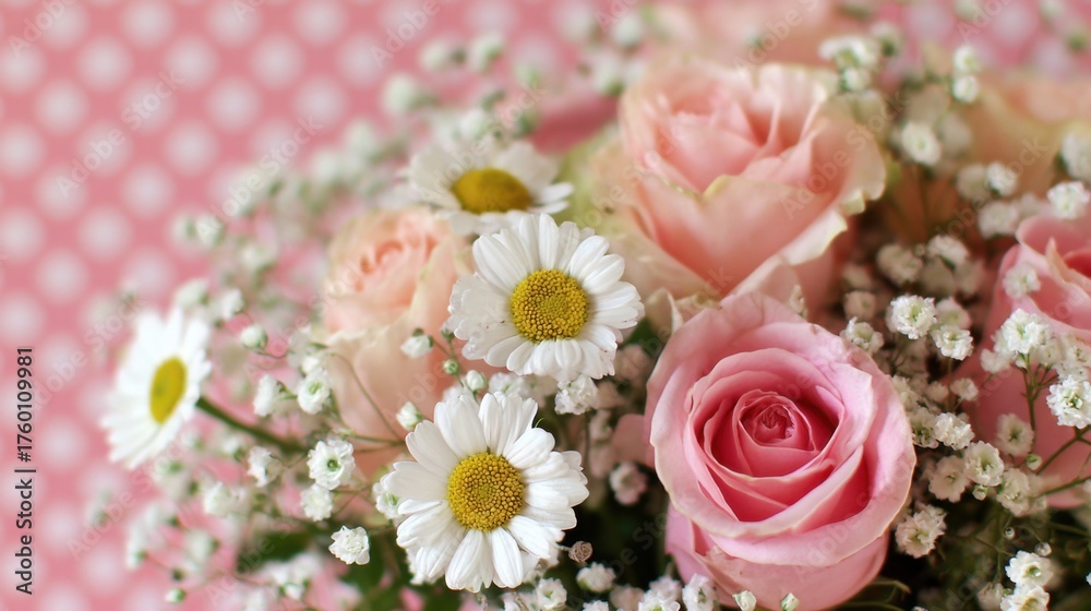 Fototapeta premium A lovely bouquet made of pink roses and white daisies is arranged beautifully. The soft colors pop against a playful pink and white polka dot background creating a cheerful and fresh atmosphere.
