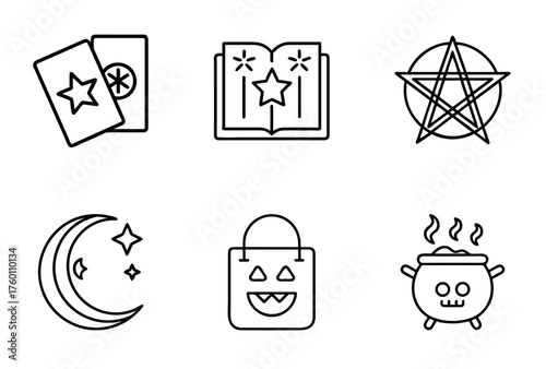 Halloween icons including a moon, cauldron, and tarot cards on transparent background  