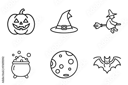 Halloween symbols including pumpkin, witch, hat, cauldron, moon, and bat  