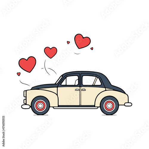 Charming vintage car filled with love, perfect for romantic getaways or conveying heartfelt messages with a touch of nostalgia.