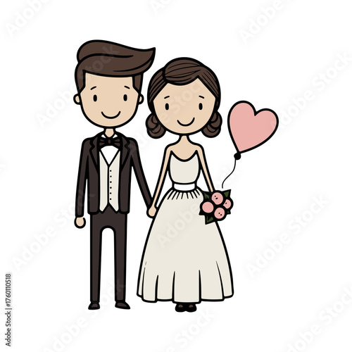 Joyful couple celebrating their wedding day holding hands with a heart balloon and bouquet, pure happiness captured