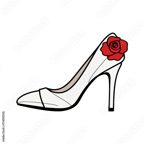 Elegant white stiletto heel shoe adorned with a vibrant red rose, symbolizing fashion, romance, and feminine style.