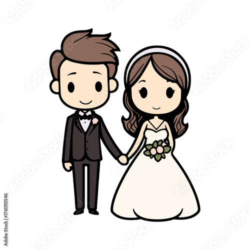 Joyful cartoon bride and groom holding hands, celebrating their special wedding day with a beautiful bouquet.