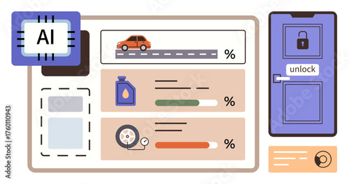 Vehicle details with AI chip, road distance, fuel level, tire pressure, door lock control. Ideal for mobility, AI integration, automation, technology data tracking smart systems simple flat
