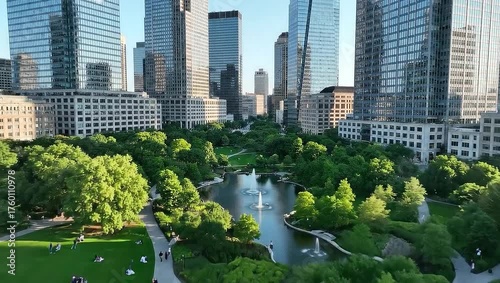 Drone panning shot of city park among skyscrapers, green oasis, urban balance of nature and architecture.