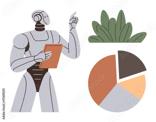 Futuristic robot holding a tablet, gesturing toward a pie chart beside a leafy plant. Ideal for AI, data analysis, innovation, environment, eco-tech, automation technology. Simple flat metaphor