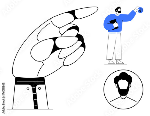 Oversized hand pointing direction, person holding a coin symbolizing reward or choice, simple profile icon in circular frame. Ideal for business, decision-making, onboarding, reward systems