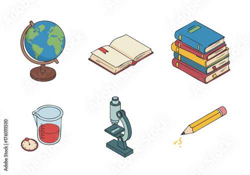 Isometric Hand Drawn Educational Objects with Globe Book and Microscope Illustration