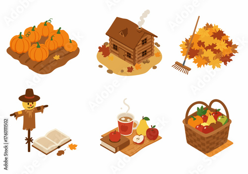 Isometric Autumn Harvest Elements Cabin Scarecrow Fruit Isolated Illustration Set