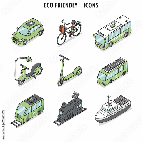 Pixel Art Isometric Eco Friendly Transportation Vehicle Mode of Transport Icon Set