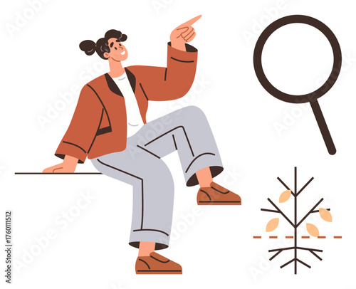 Confident woman sitting, pointing upward, with magnifying glass and minimalist tree growth symbol. Ideal for discovery, growth, research, exploration, inspiration, education simple flat metaphor