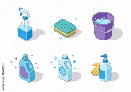Isometric Pixelated Style Cleaning Supply and Equipment Illustration Set