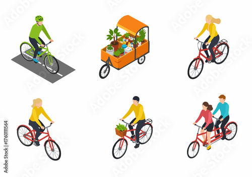 Isometric People Riding Bicycle, Cargo Bike, and Tandem Bike Illustration Set