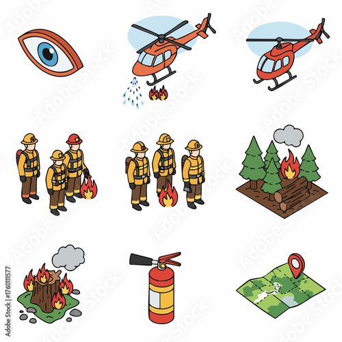 Flat Isometric Wildfire Emergency Detail Illustration Icon Set Collection