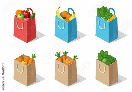 Isometric Colorful Paper Shopping Bags with Fresh Food Illustration