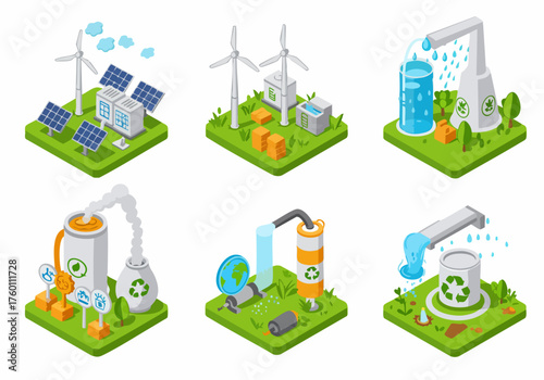 Isometric Green Energy and Recycling Plant Landscape Environment Illustration