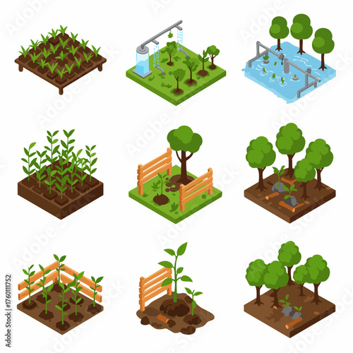 Isometric Garden Scenery Flat Illustration Set for Agricultural and Farming Projects