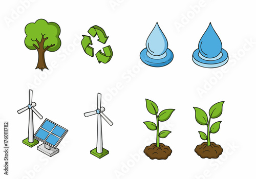 Handdrawn Outline Environmental Element and Renewable Energy Source Icon Set